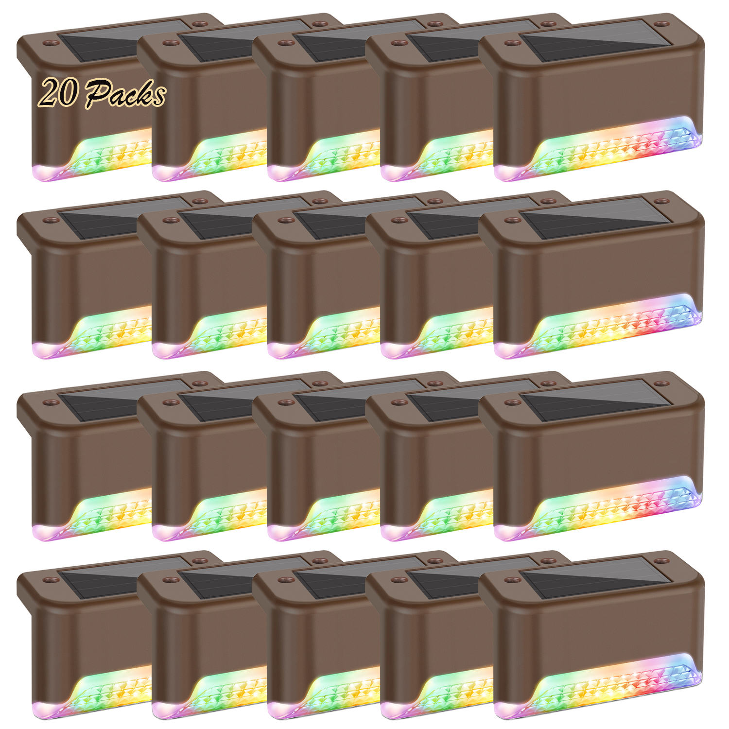 20-Pack Solar Deck Lights Color Changing, RGB LED Outdoor Step Light Waterproof, Colored Solar Powered Fence Lighting Bronze Finished for Decks Stairs Patio Path Yard Garden Decor, Multicolor