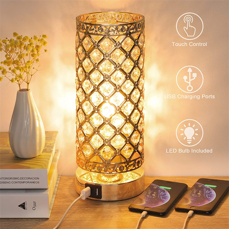 Touch Control Crystal Table Lamp with 2 USB Charging Ports, 3-Way Dimmable Bedside Desk Lamps, Decorative Gold Lampshade, Nightstand Lamp for Bedroom Living Room, T45 E26 LED Bulb Included