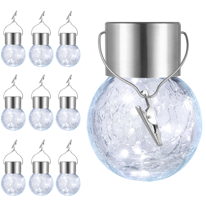 10-Pack Hanging Solar Lights Outdoor, Solar Powered Cracked Glass Ball Light, Decorative Globe Lighting Outdoor Waterproof with Handle for Garden, Tree, Holiday Decoration, Cool White