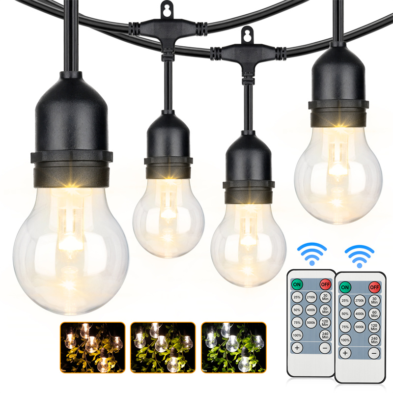 3-Color in 1 Outdoor LED String Lights with Remotes, 48FT Dimmable LED Edison String Light Waterproof,Warm Nature Daylight White Shatterproof Patio Light String for Caf Bistro Pergola Backyard Garden