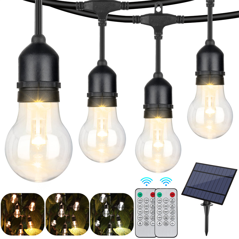 3-Color in 1 Solar String Lights Outdoor with Remotes, 48FT Dimmable LED Patio Light Waterproof, Shatterproof Solar Powered Light String, Warm Nature Daylight White Hanging Light for Caf