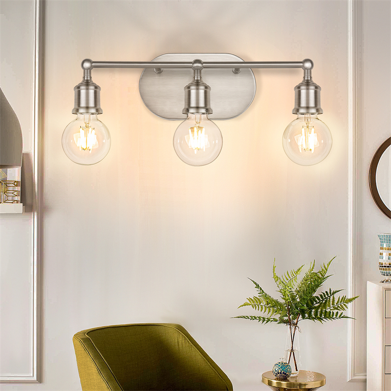 3-Light Vanity Light Fixture, Brushed Nickel Wall Sconce Lighting, Modern Bathroom Vanity Wall Lights E26 Base, Vintage Metal Indoor Wall Lamp for Mirror Cabinet Kitchen Bedroom