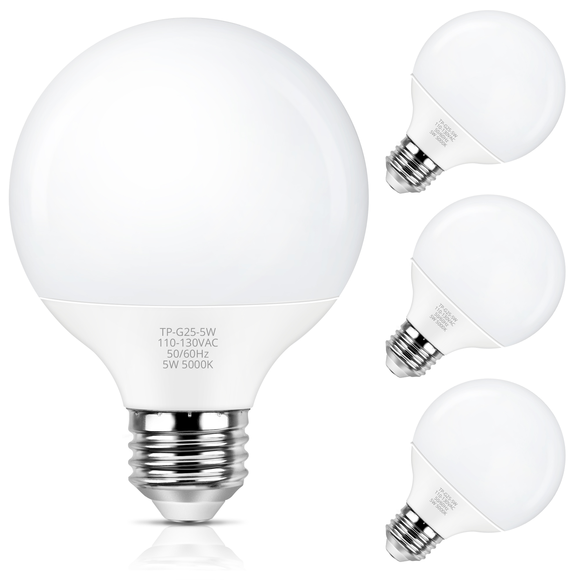 MAXvolador G25 LED Globe Light Bulbs 60W Equivalent, Daylight White 5000K Bathroom Vanity Round Bulb, 500LM E26 LED for Makeup Mirror, Non-Dimmable 4 Pack